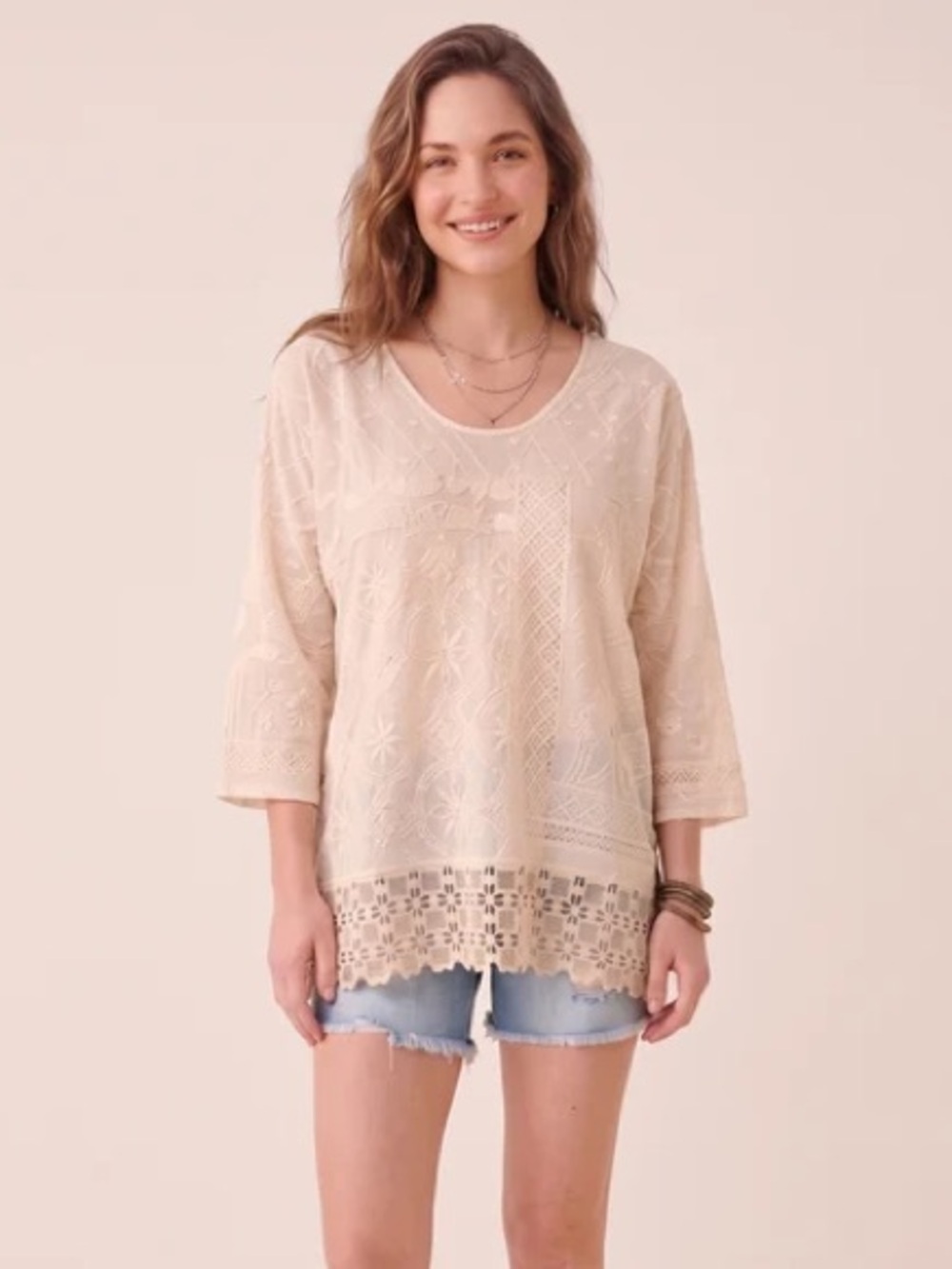 Johnny Was Zora Stitchwork Blouse Natural Cream Size Small NWT